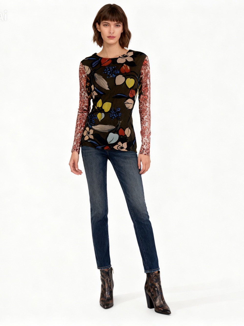 Black Floral Mixed Print Mesh Long Sleeve Top Large Stretch Y2K Large